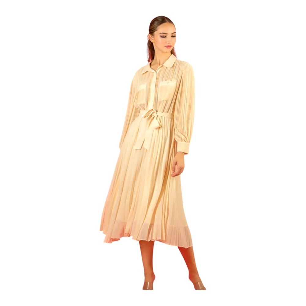 Jessie‎ Liu San Francisco Pleated Midi Dress Long Sleeve Shirt Dress Sz S